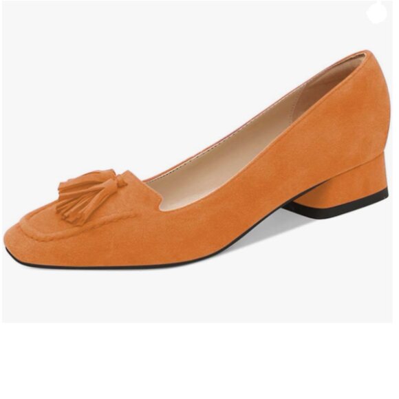 YDN Orange Block Low Heel Loafers Square Toe Tassel Fringed Slip On Dress Pump - Picture 1 of 8